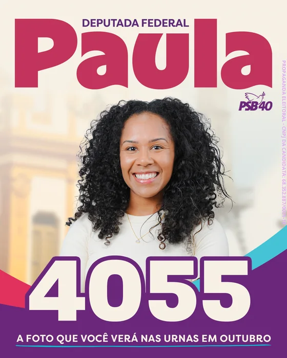 Peça da campanha com a foto da Paula e o número 4055